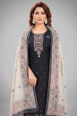 Black Chanderi Cotton Printed Straight Cut Kurti Set
