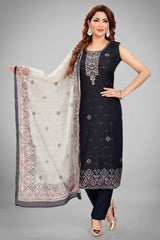 Black Chanderi Cotton Printed Straight Cut Kurti Set