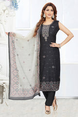 Black Chanderi Cotton Printed Straight Cut Kurti Set