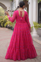 Pink Georgette Printed Flared Anarkali Kurti with Mirror Work
