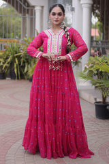 Pink Georgette Printed Flared Anarkali Kurti with Mirror Work