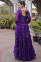 Purple Georgette Printed Flared Anarkali Kurti with Mirror Work
