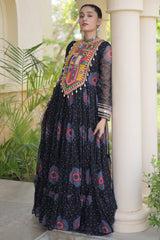 Black Georgette Bandhej Printed Flared Anarkali Kurti with Kachchi Work