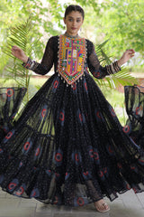 Black Georgette Bandhej Printed Flared Anarkali Kurti with Kachchi Work