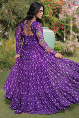 Purple Georgette Printed Flared Anarkali Kurti with Kachchi Work