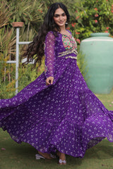 Purple Georgette Printed Flared Anarkali Kurti with Kachchi Work