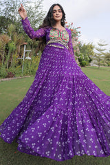 Purple Georgette Printed Flared Anarkali Kurti with Kachchi Work