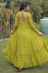 Parrot Green Georgette Printed Flared Anarkali Kurti with Kachchi Work