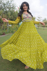 Parrot Green Georgette Printed Flared Anarkali Kurti with Kachchi Work
