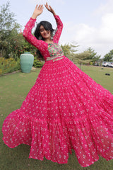 Pink Georgette Printed Flared Anarkali Kurti with Kachchi Work