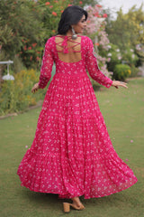 Pink Georgette Printed Flared Anarkali Kurti with Kachchi Work