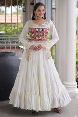 Pearl White Rayon Kachchi Mirror Worked Anarkali Kurti