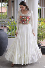Pearl White Rayon Kachchi Mirror Worked Anarkali Kurti