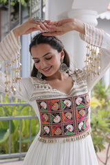 Pearl White Rayon Kachchi Mirror Worked Anarkali Kurti