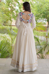 White Cotton Embroidered Anarkali Flared Kurti