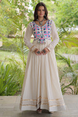 White Cotton Embroidered Anarkali Flared Kurti