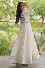 White Cotton Embroidered Anarkali Flared Kurti