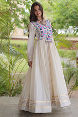 White Cotton Embroidered Anarkali Flared Kurti