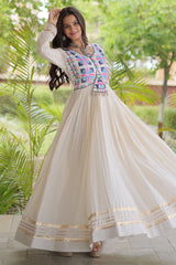 White Cotton Embroidered Anarkali Flared Kurti