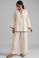 Off White Cotton V Neck Co-Ord Set with Contrast Piping