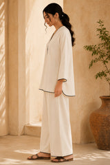 Off White Cotton V Neck Co-Ord Set with Contrast Piping