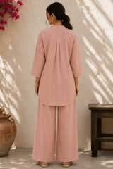 Dusty Pink Pure Cotton Shirt Set with Pleated Yoke & Palazzo