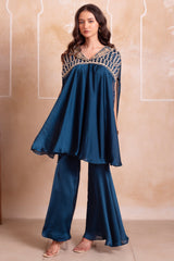 Teal Blue Satin Short Kaftan Top with Heavily Embroidered Neckline