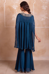 Teal Blue Satin Short Kaftan Top with Heavily Embroidered Neckline