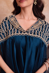 Teal Blue Satin Short Kaftan Top with Heavily Embroidered Neckline