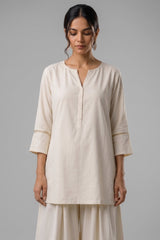 Off White Cotton Notch Neck Tunic & Wide Leg Palazzo Set