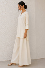 Off White Cotton Notch Neck Tunic & Wide Leg Palazzo Set