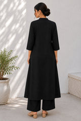 Black Cotton Button Down Flared Kurta Set with Pockets