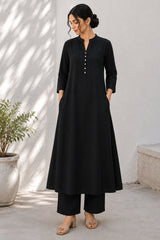 Black Cotton Button Down Flared Kurta Set with Pockets