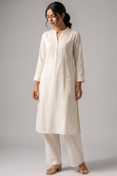 White Pin Tucked Cotton Straight Kurta & Pants Set