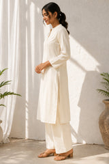 White Pin Tucked Cotton Straight Kurta & Pants Set