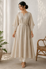 Beige Belted Kaftan Style Cotton Kurta Set
