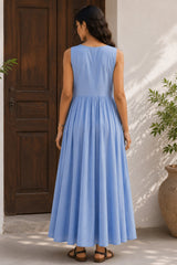 Cerulean Blue Sleeveless V Neck Gathered Flared Dress