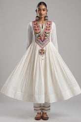 Off White Cotton Anarkali Kurti with Vibrant Kutchi Yoke & Tassels