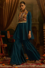 Teal Blue Cotton Kutchi Embroidered Short Kurta with Sharara Set
