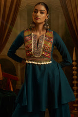 Teal Blue Cotton Kutchi Embroidered Short Kurta with Sharara Set