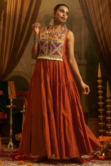 Rust Orange Cotton Kutchi Embroidered Kurti