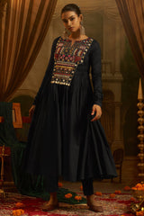 Black Cotton Kutchi Hand Embroidered Flared Kurta with Pant
