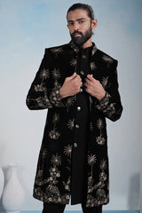 Black Silk Embroidered Jacket Indo Western Set