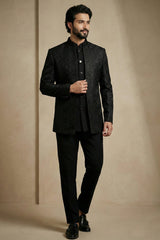 Black Satin Jacquard Satin Jacket Indo Western Set
