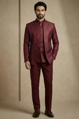Dark Maroon Satin Jacquard Satin Jacket Indo Western Set