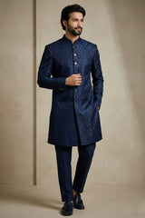 Navy Blue Jacquard Indo Western Set