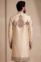Beige Satin Beads Work Sherwani