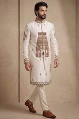 Pearl White Satin Beaded Work Sherwani Set