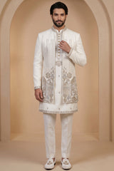 Pearl White Satin Zardosi and Bead Work Kurta Jacket Set