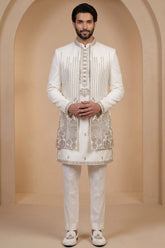 Pearl White Satin Zardosi and Bead Work Kurta Jacket Set